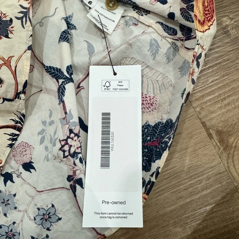Ulla Johnson Cream Floral Puff-Sleeve Blouse with Navy and Rust Motif